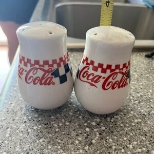 Coca-Cola White Ceramic Shakers with Red Logo and Blue Accents